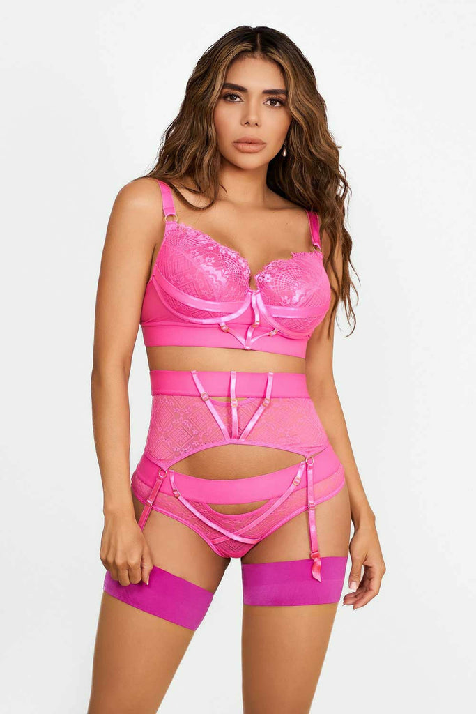 Model wearing hot pink lingerie set with garter